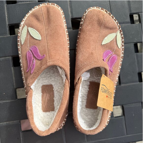 Foamtreads Brown Leather Suede Women’s Slippers Size 8 – Floral design, Plush Li - Picture 4 of 7